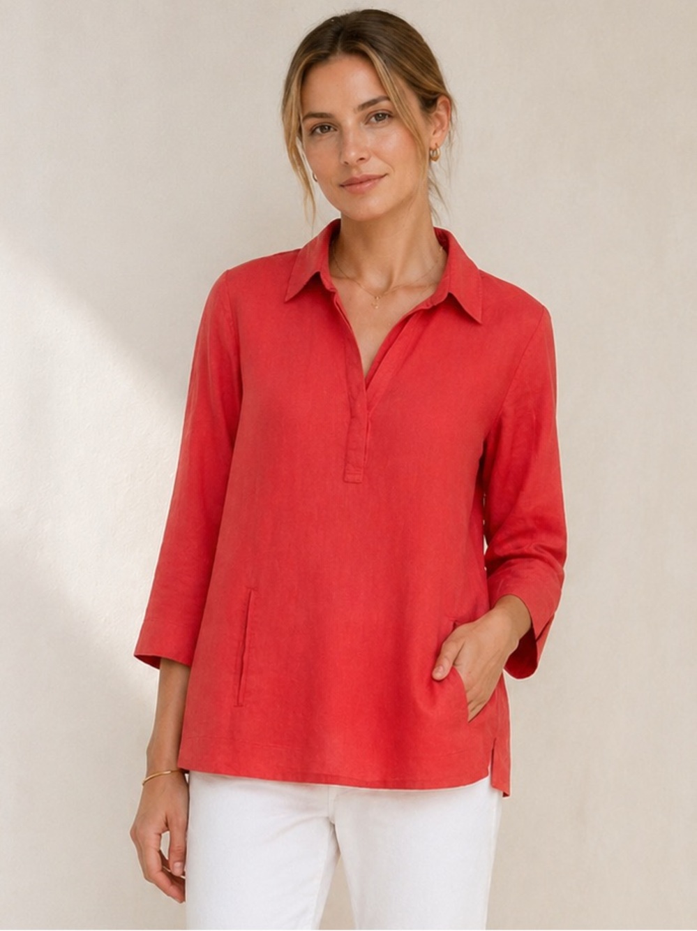 Eileen Fisher Linen Blend Tunic Top Coral A-Line Pocket Large